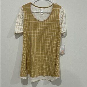 LuLaRoe Tan and Cream Grid Short Sleeve Top
